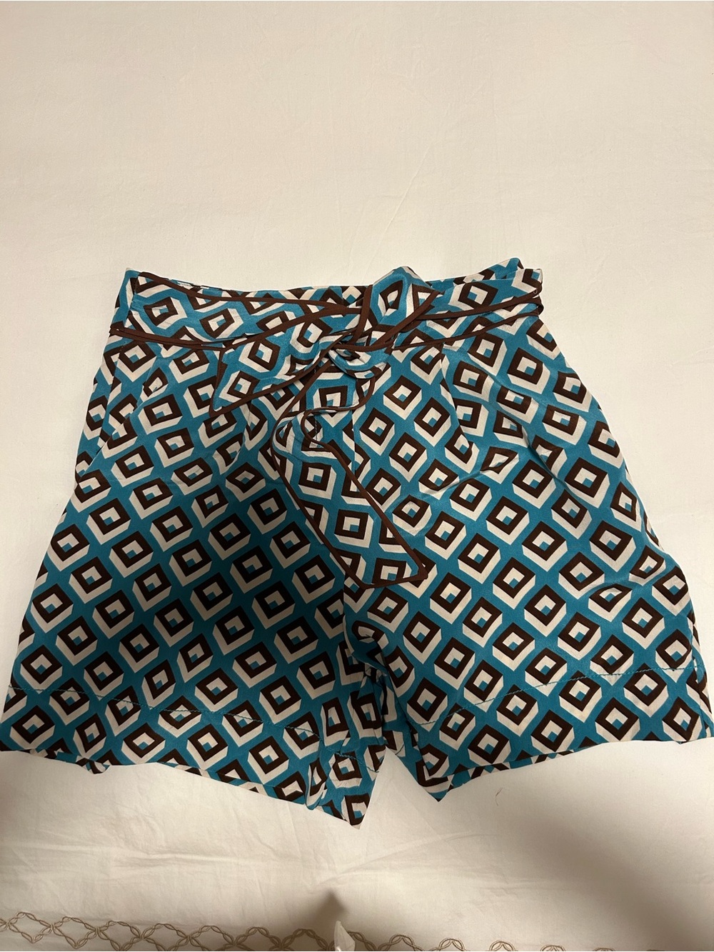 Diane Von Furstenberg Teal and Brown Geometric Print Bermuda Shorts
